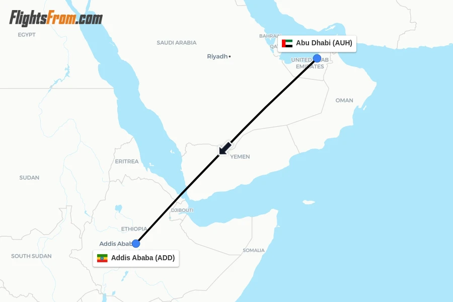 Flights from Abu Dhabi to Addis Ababa route map