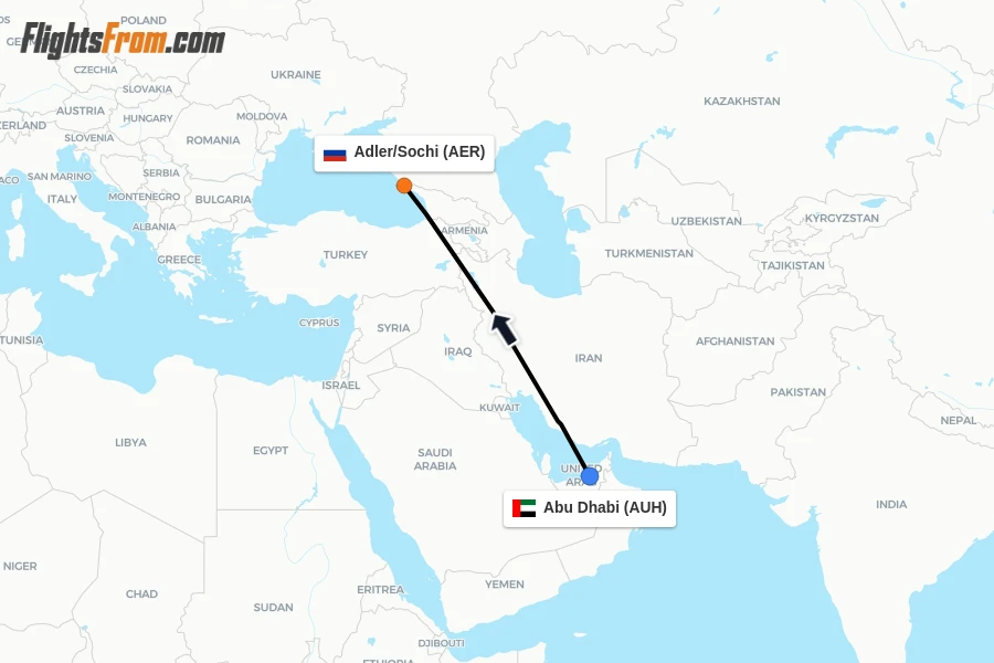 Flights from Abu Dhabi to Adler/Sochi route map