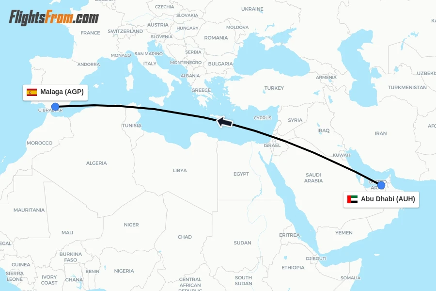Flights from Abu Dhabi to Malaga route map