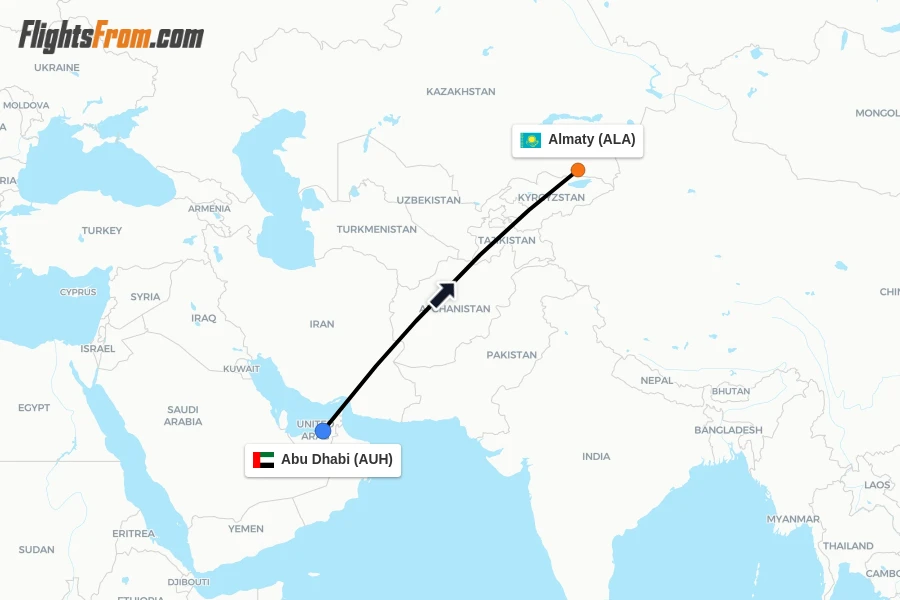 Flights from Abu Dhabi to Almaty route map