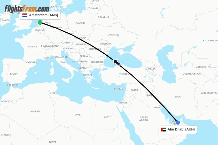 Flights from Abu Dhabi to Amsterdam route map