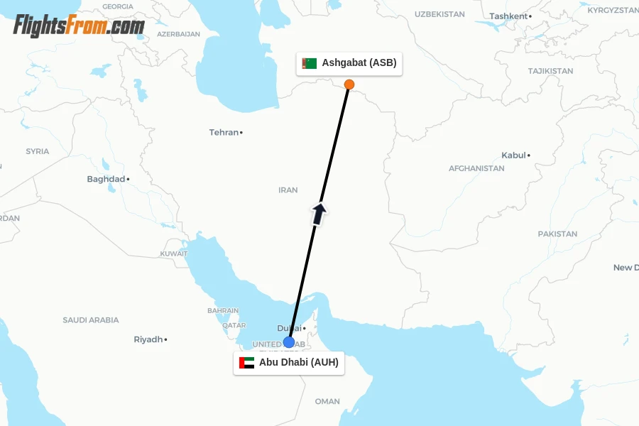 Flights from Abu Dhabi to Ashgabat route map