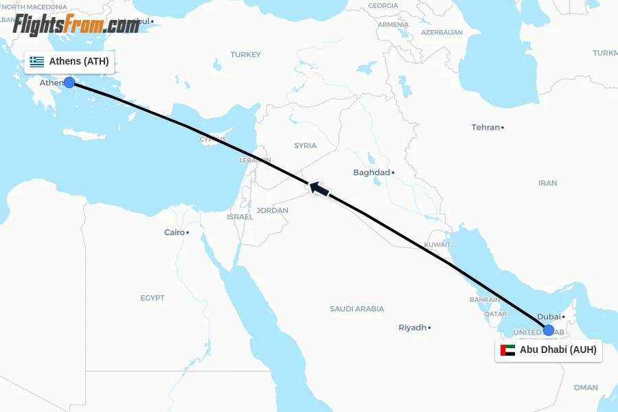 Flights from Abu Dhabi to Athens route map