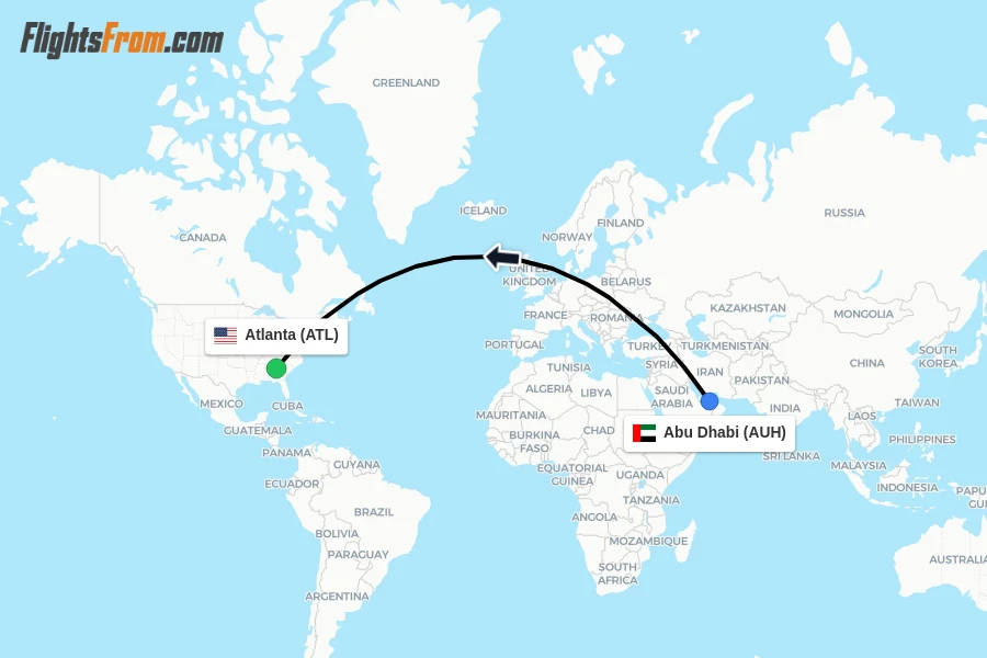 Flights from Abu Dhabi to Atlanta route map