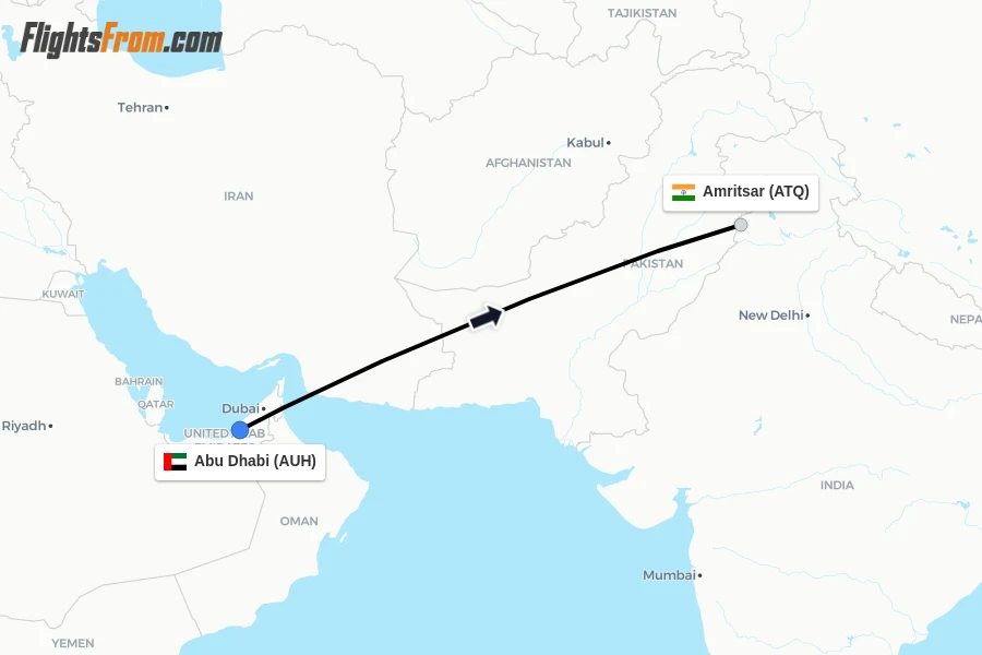 Flights from Abu Dhabi to Amritsar route map