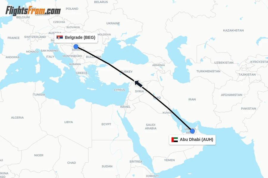 Flights from Abu Dhabi to Belgrade route map