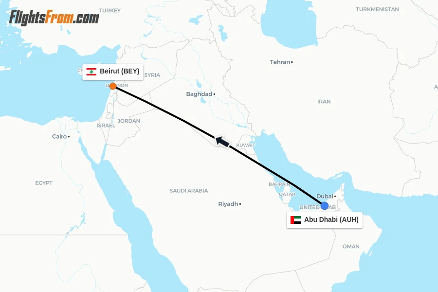 Flights from Abu Dhabi to Beirut route map