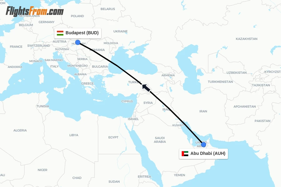 Flights from Abu Dhabi to Budapest route map