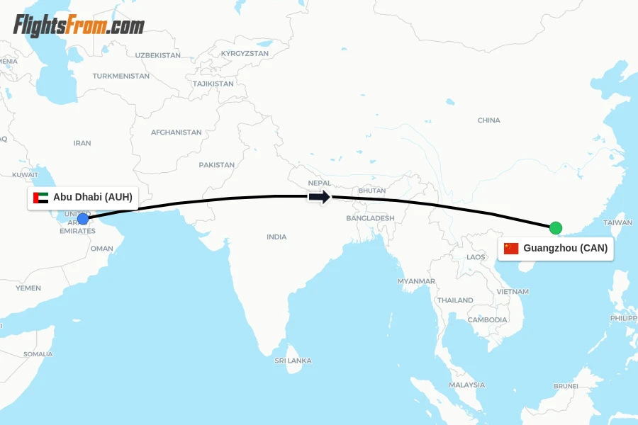 Flights from Abu Dhabi to Guangzhou route map