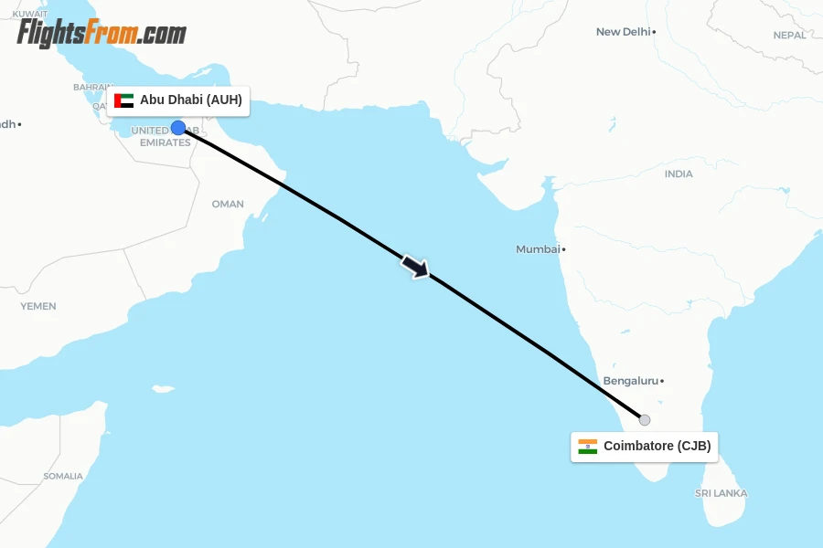 Flights from Abu Dhabi to Coimbatore route map