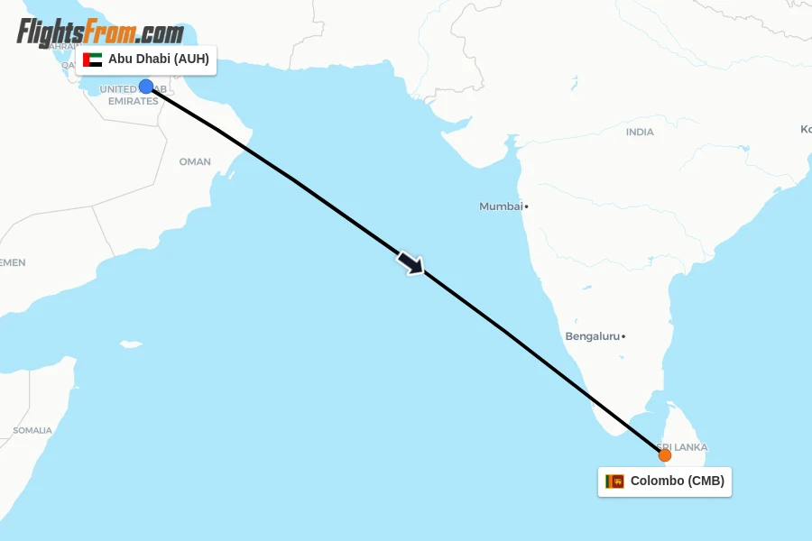 Flights from Abu Dhabi to Colombo route map