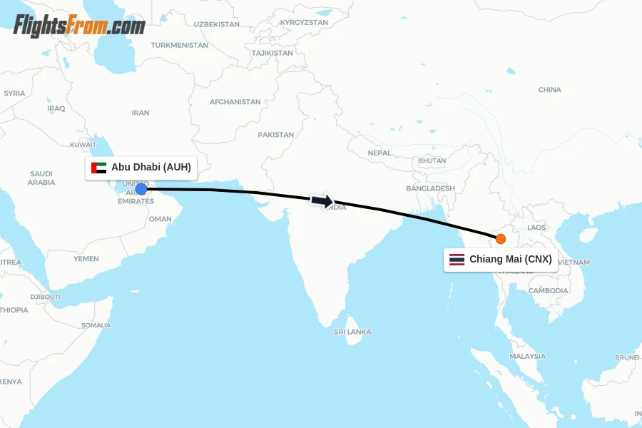 Flights from Abu Dhabi to Chiang Mai route map
