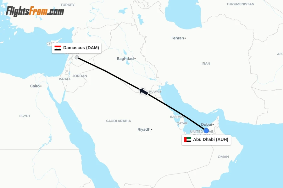 Flights from Abu Dhabi to Damascus route map