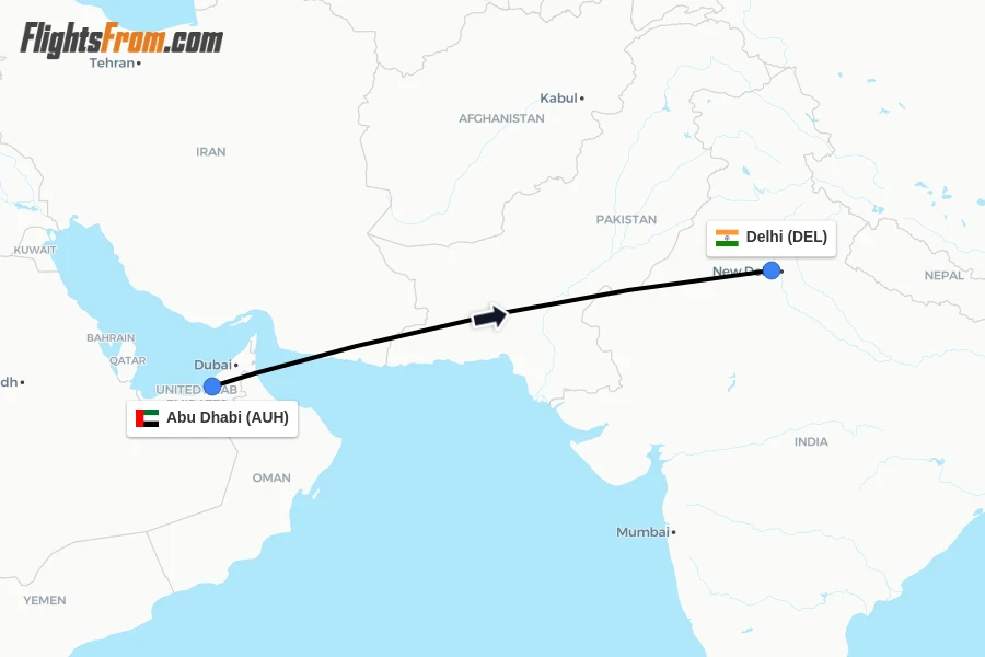 Flights from Abu Dhabi to Delhi route map