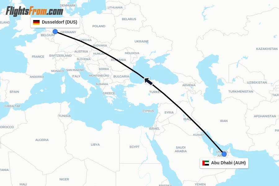 Flights from Abu Dhabi to Dusseldorf route map