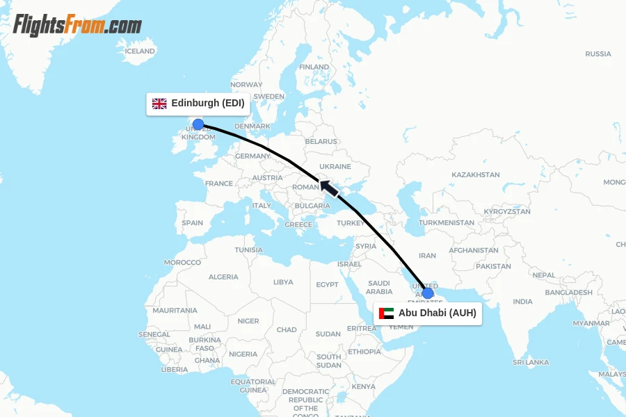 Flights from Abu Dhabi to Edinburgh route map