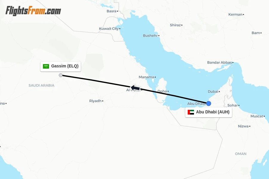 Flights from Abu Dhabi to Gassim route map
