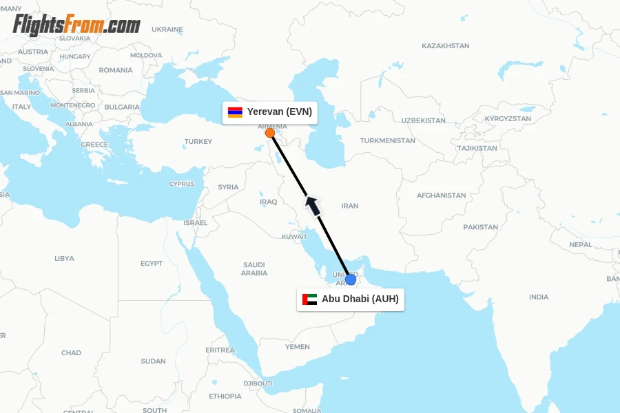 Flights from Abu Dhabi to Yerevan route map