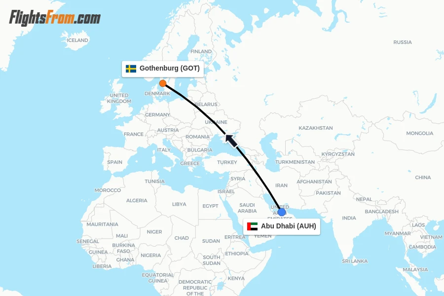 Flights from Abu Dhabi to Gothenburg route map