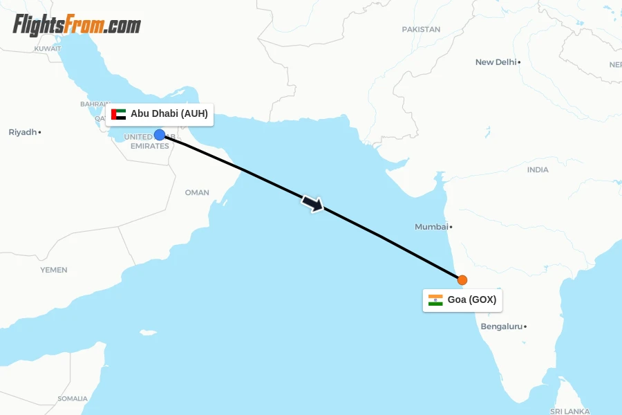 Flights from Abu Dhabi to Goa route map