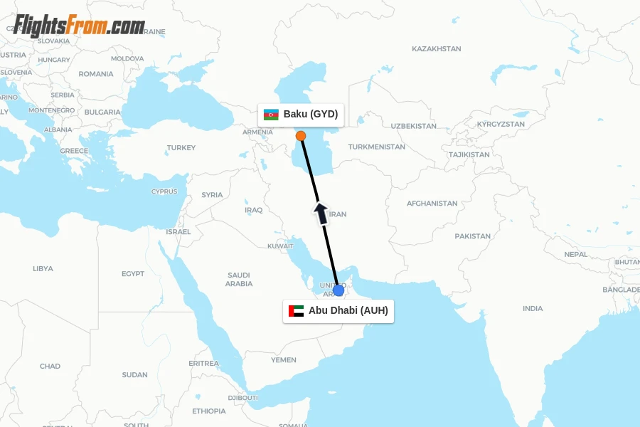 Flights from Abu Dhabi to Baku route map