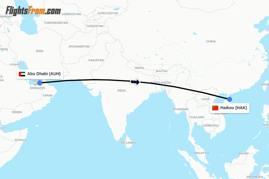 Flights from Abu Dhabi to Haikou route map