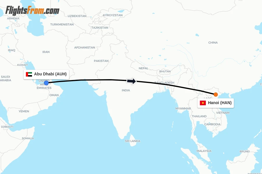 Flights from Abu Dhabi to Hanoi route map