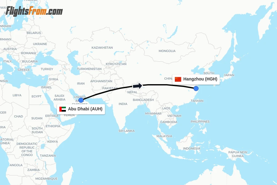 Flights from Abu Dhabi to Hangzhou route map