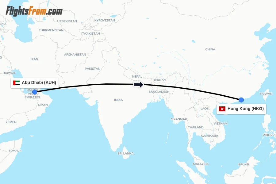 Flights from Abu Dhabi to Hong Kong route map