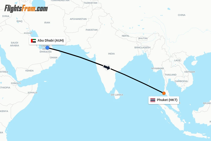 Flights from Abu Dhabi to Phuket route map