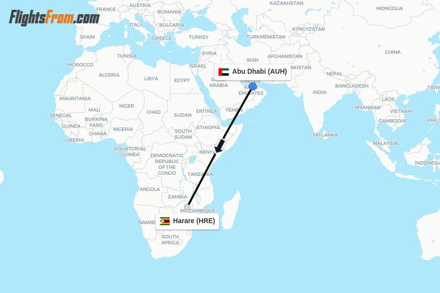 Flights from Abu Dhabi to Harare route map