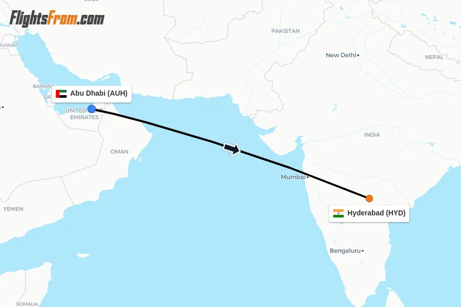 Flights from Abu Dhabi to Hyderabad route map