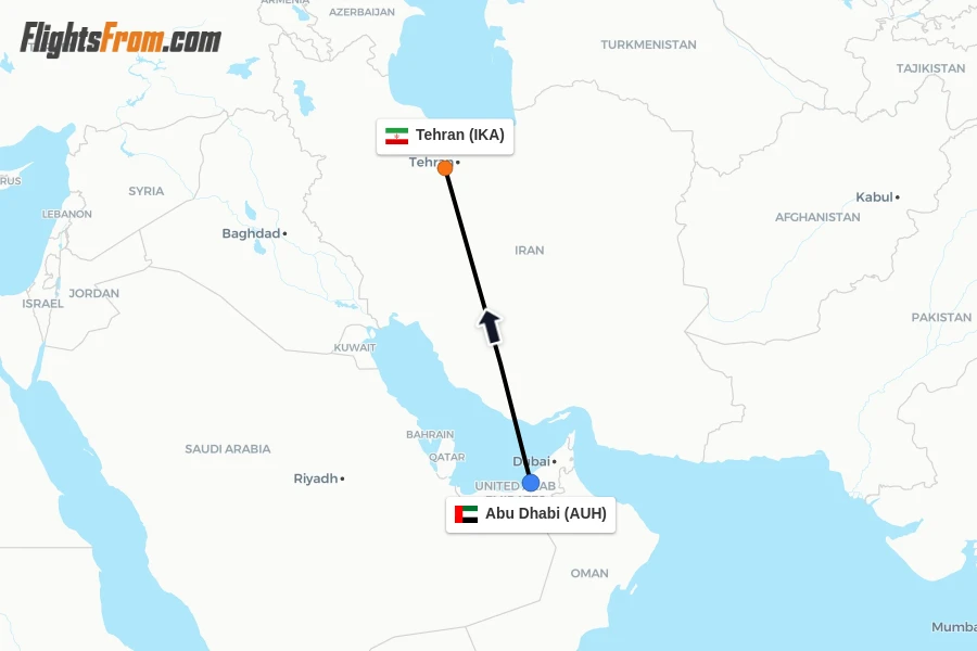 Flights from Abu Dhabi to Tehran route map