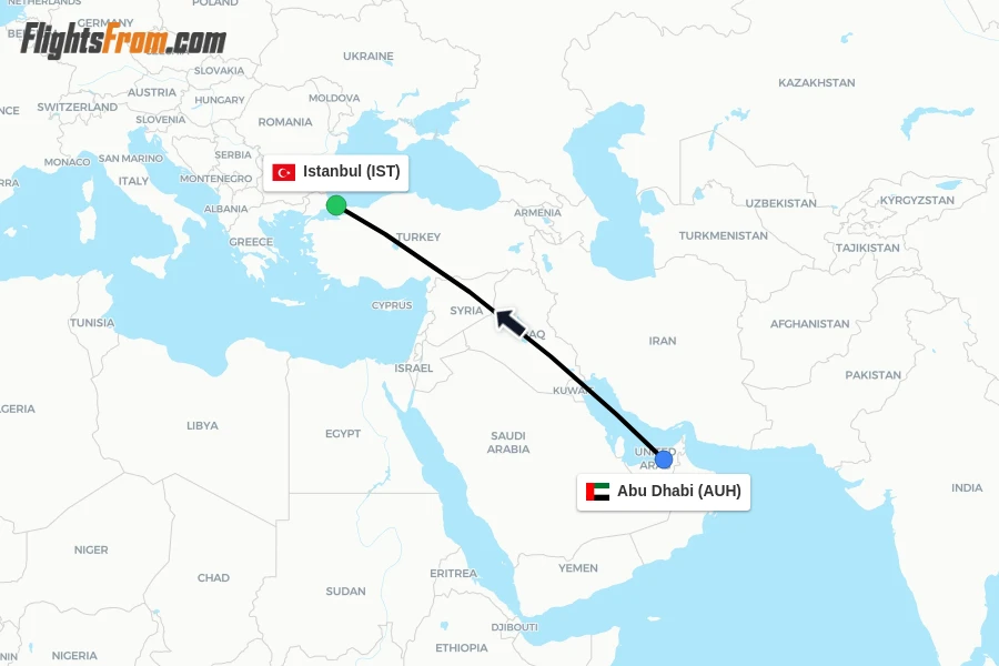 Flights from Abu Dhabi to Istanbul route map