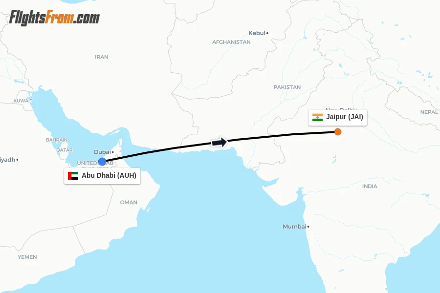 Flights from Abu Dhabi to Jaipur route map