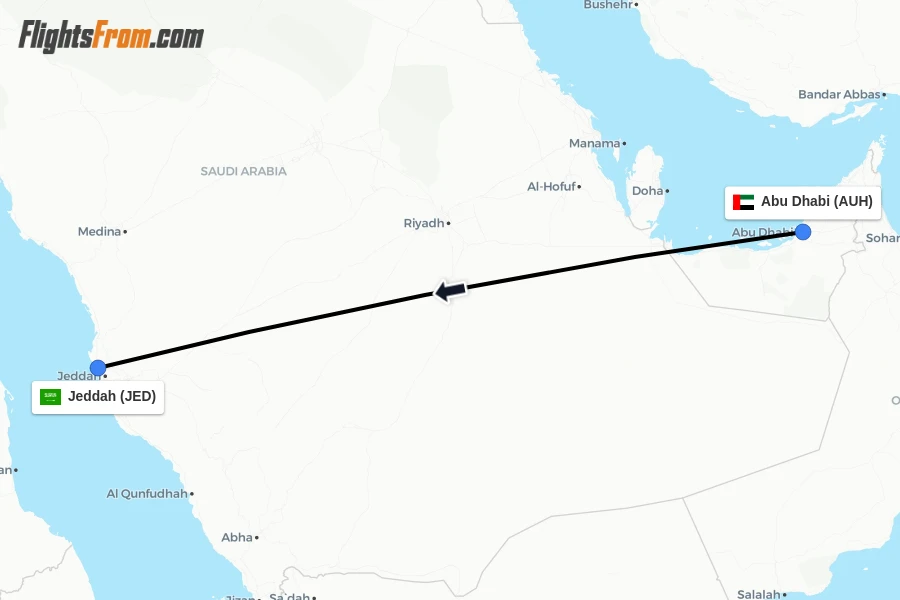 Flights from Abu Dhabi to Jeddah route map