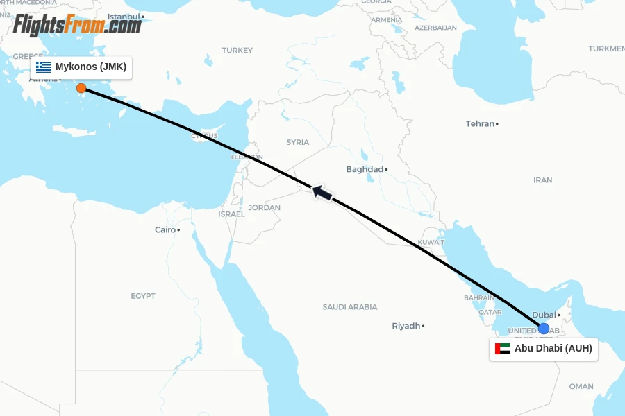 Flights from Abu Dhabi to Mykonos route map
