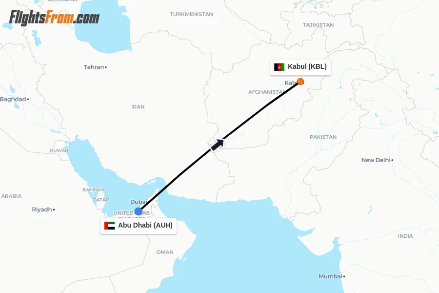Flights from Abu Dhabi to Kabul route map