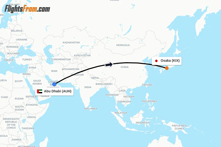 Flights from Abu Dhabi to Osaka route map