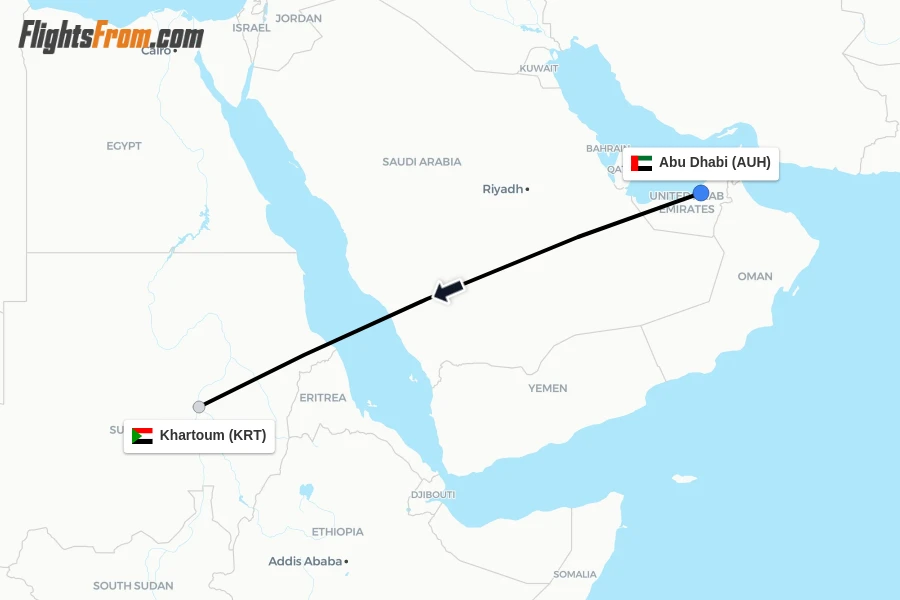 Flights from Abu Dhabi to Khartoum route map