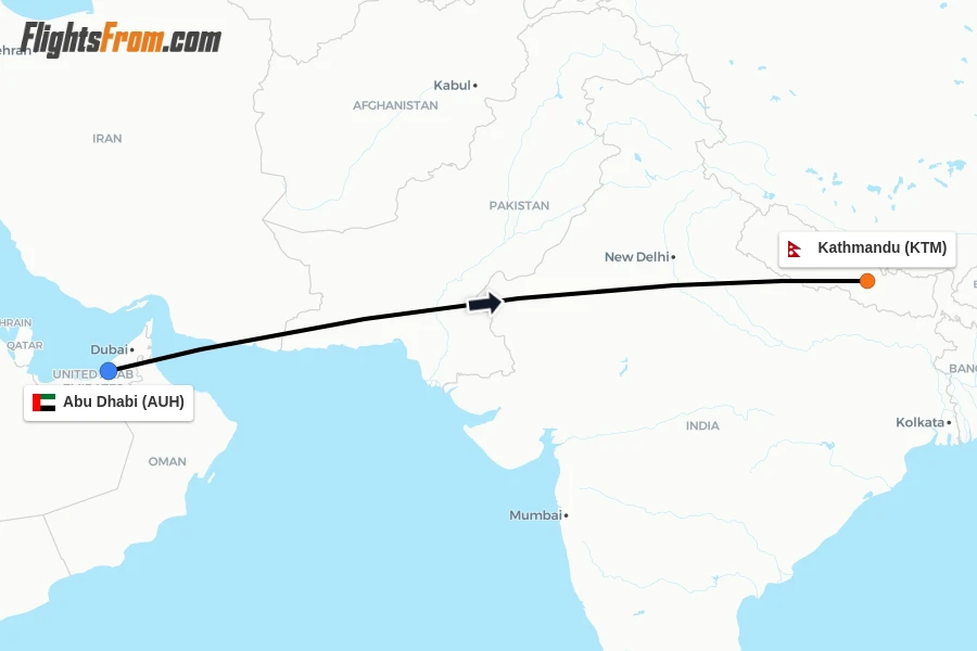 Flights from Abu Dhabi to Kathmandu route map