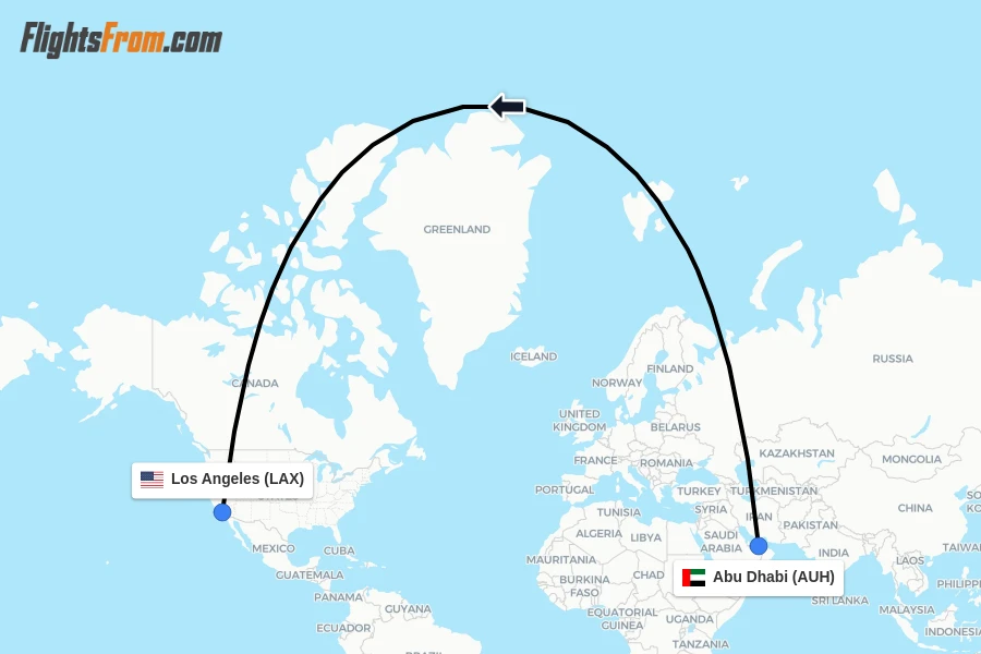 Flights from Abu Dhabi to Los Angeles route map