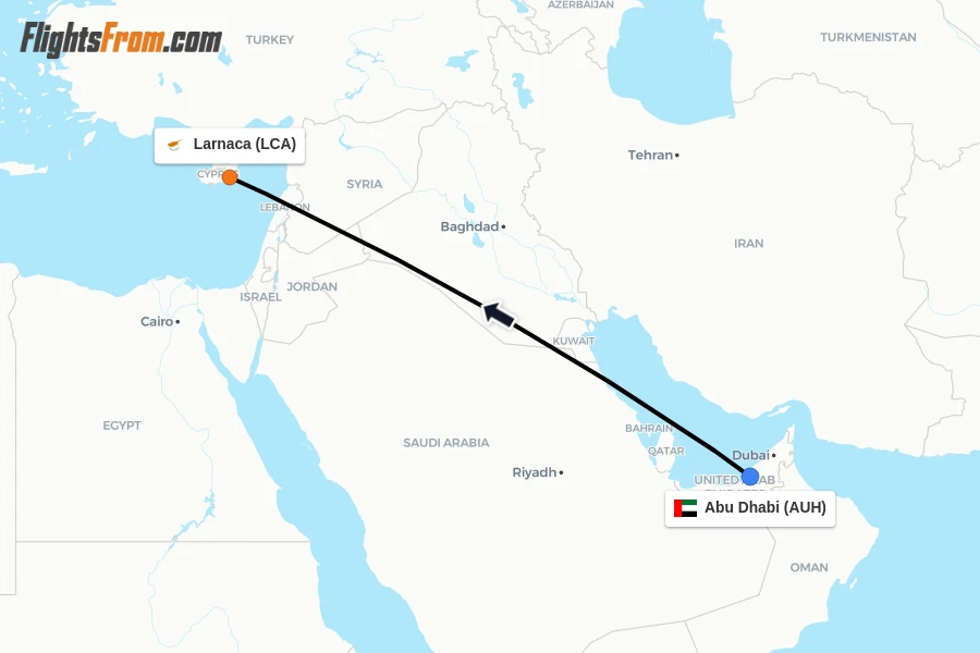 Flights from Abu Dhabi to Larnaca route map