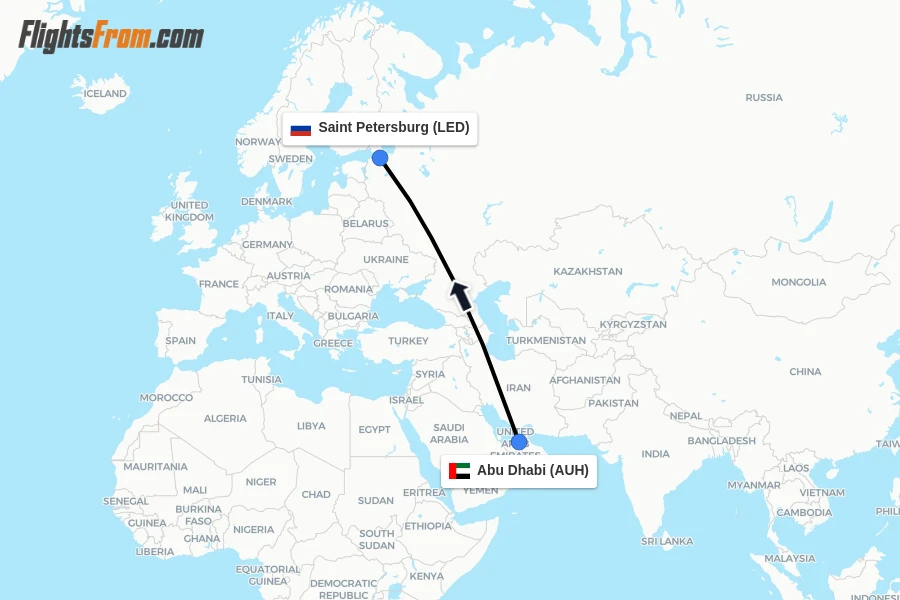 Flights from Abu Dhabi to Saint Petersburg route map