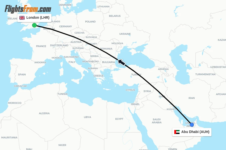 Flights from Abu Dhabi to London route map
