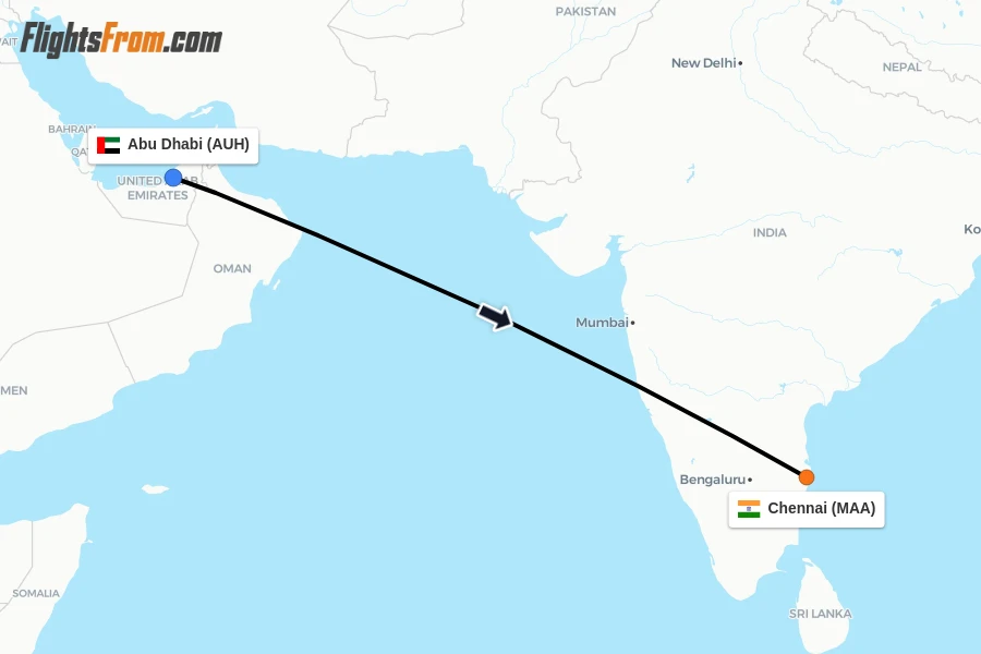 Flights from Abu Dhabi to Chennai route map