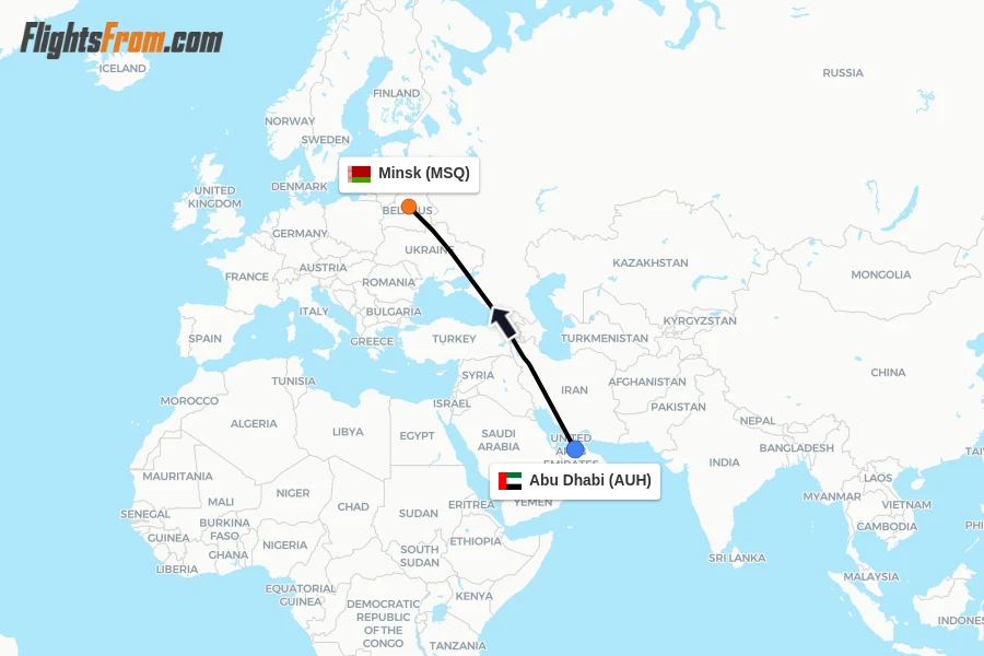 Flights from Abu Dhabi to Minsk route map