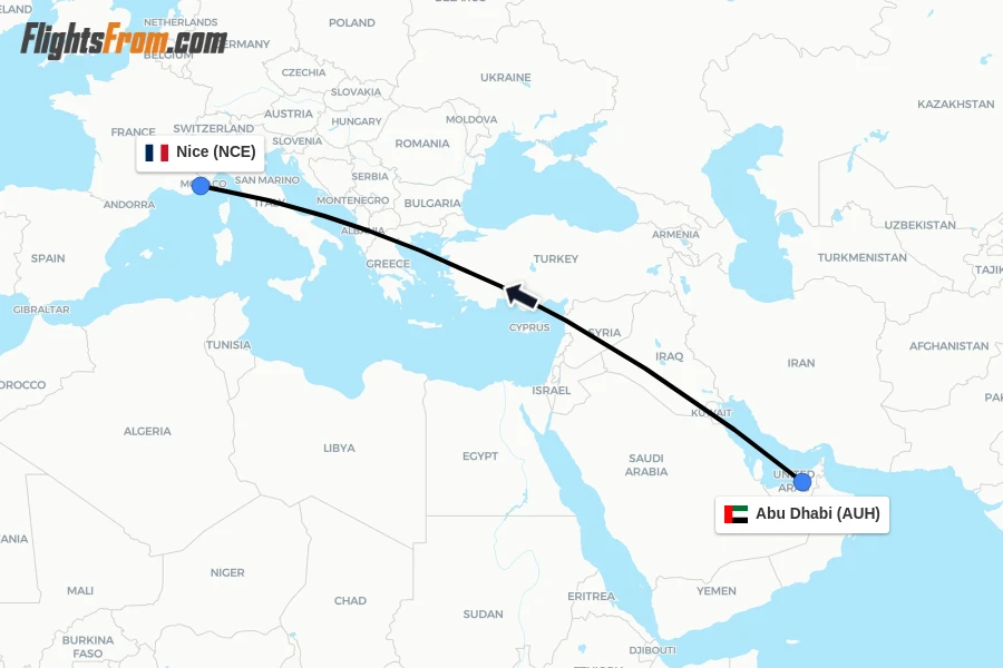 Flights from Abu Dhabi to Nice route map