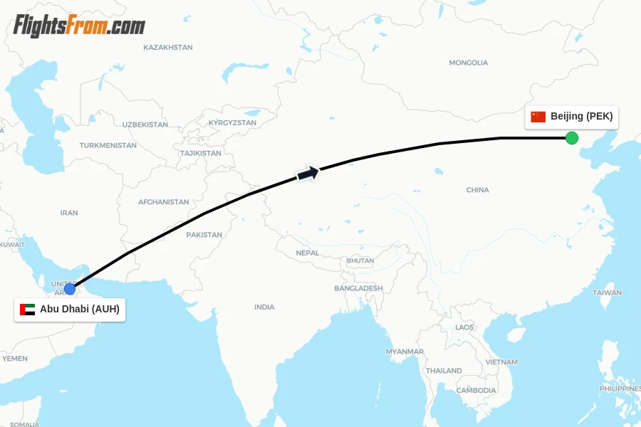 Flights from Abu Dhabi to Beijing route map