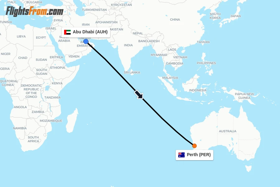 Flights from Abu Dhabi to Perth route map